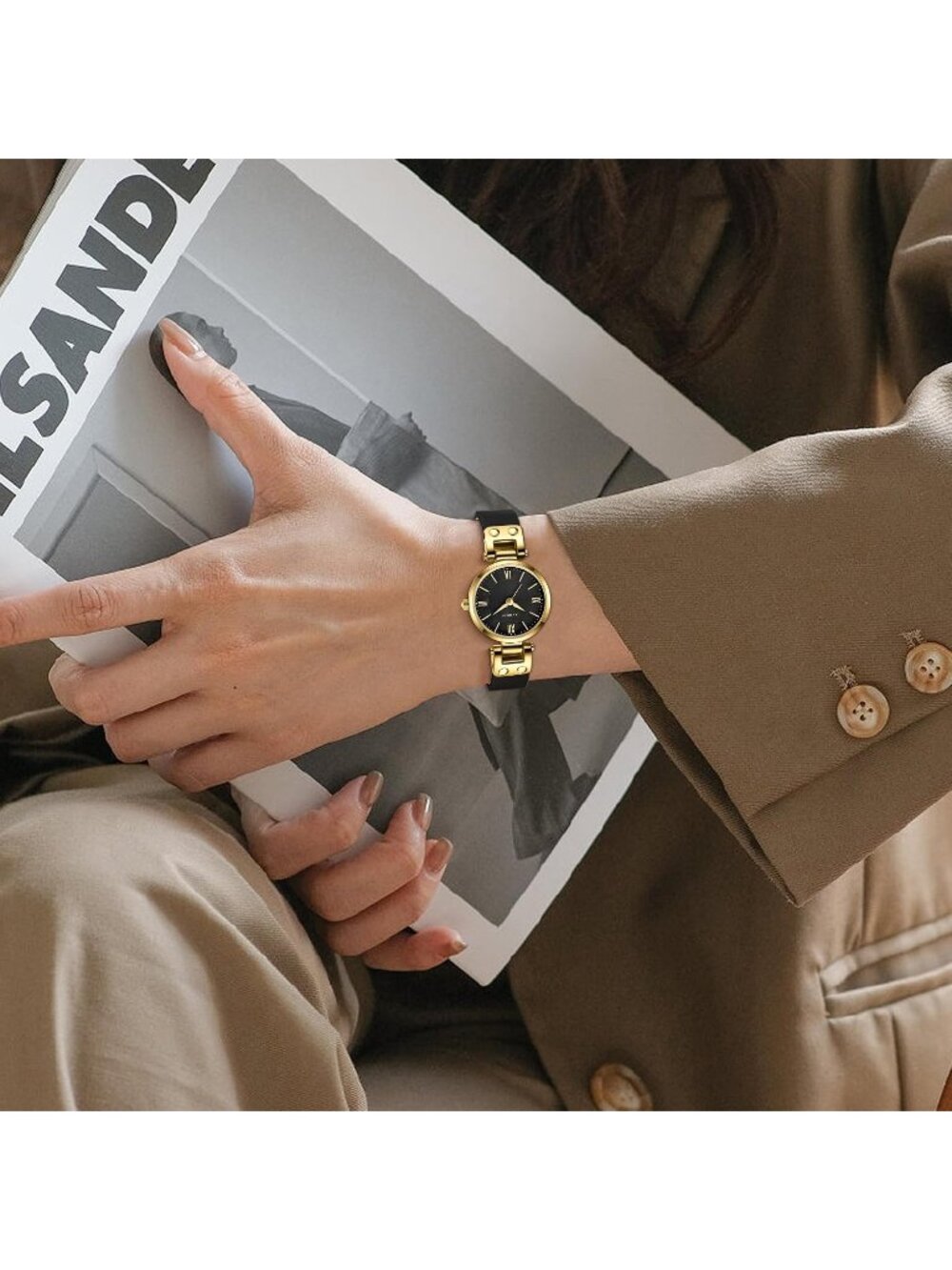 Women's All Black Elegant Classic Small Gold Leather Stylish Ladies Wrist Watch - Picture 3 of 7